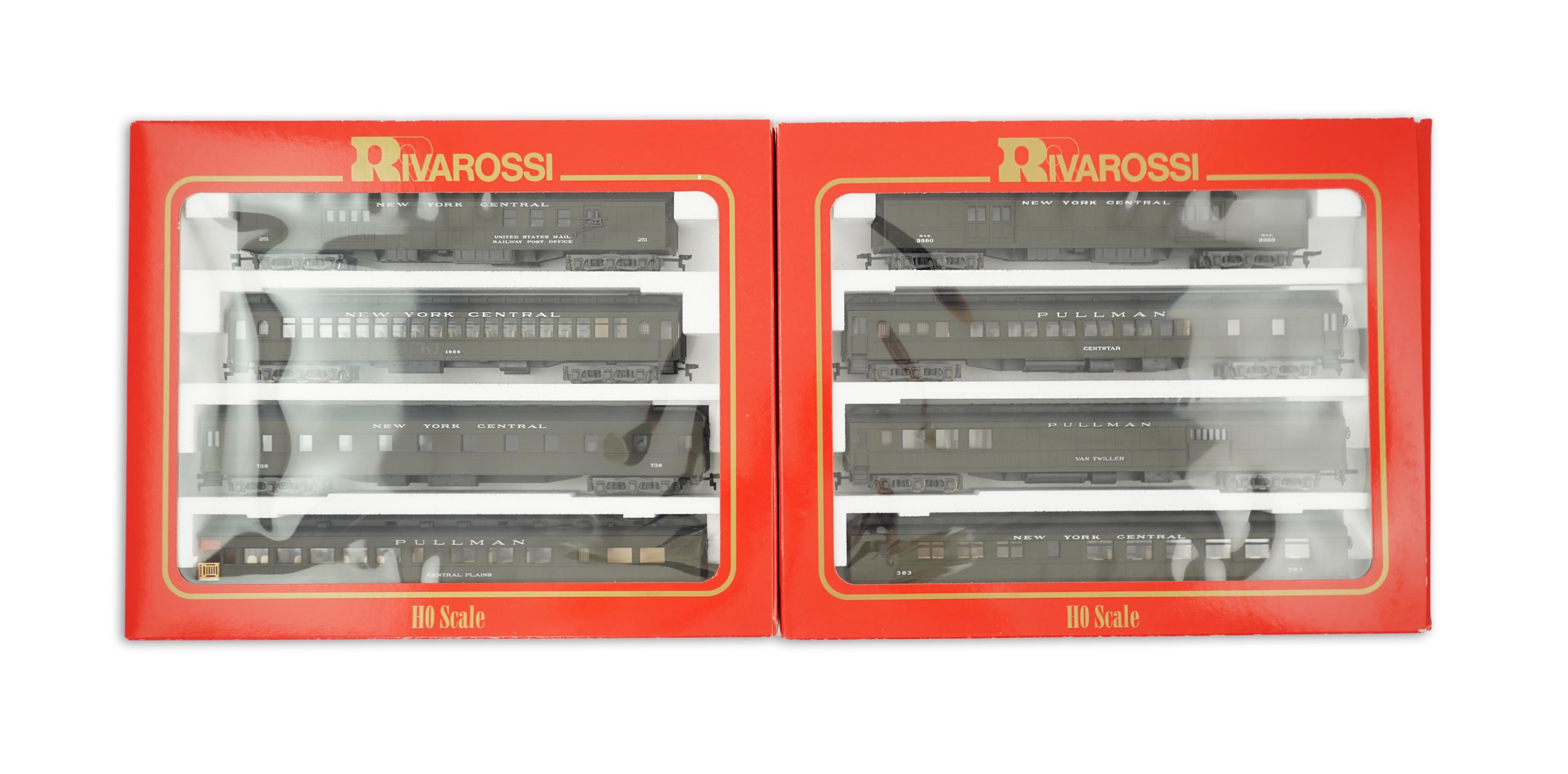 Two boxed Rivarossi 1920s New York Central Railroad coach packs; A Set (6924) and B Set (6925), both containing four coaches.